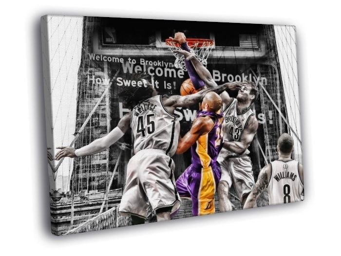 Black Mamba Dunk vs Brooklyn Nets Basketball  20x16 inch FRAMED CANVAS WALL PRINT