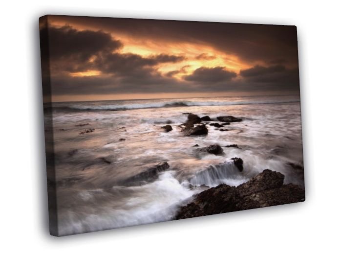 Sunset Sea Rocks Waves Foam Beautiful Nature  20x16 inch FRAMED CANVAS WALL PRINT