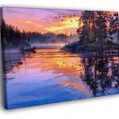 Wild Nature Sunset Lake Fishing Ducks Painting WALL  20x16 inch FRAMED CANVAS PRINT