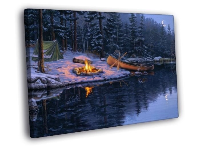 Fishing Boat Campfire Winter Lake Night Painting  20x16 inch FRAMED CANVAS WALL PRINT