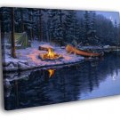 Fishing Boat Campfire Winter Lake Night Painting  20x16 inch FRAMED CANVAS WALL PRINT