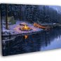 Fishing Boat Campfire Winter Lake Night Painting  20x16 inch FRAMED CANVAS WALL PRINT
