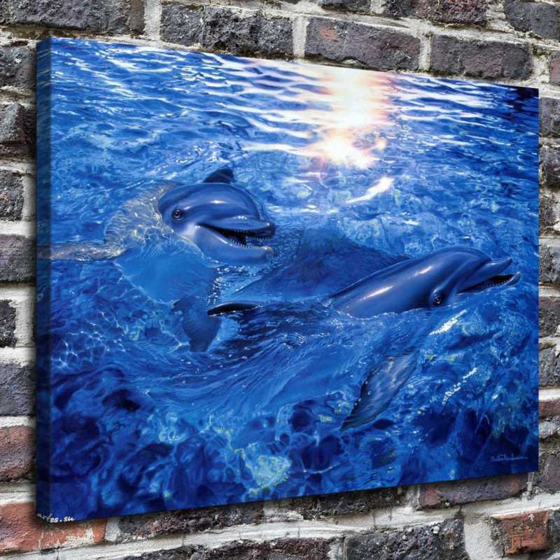 Dolphins the ocean Painting Decor  20x16 inch FRAMED CANVAS PRINT