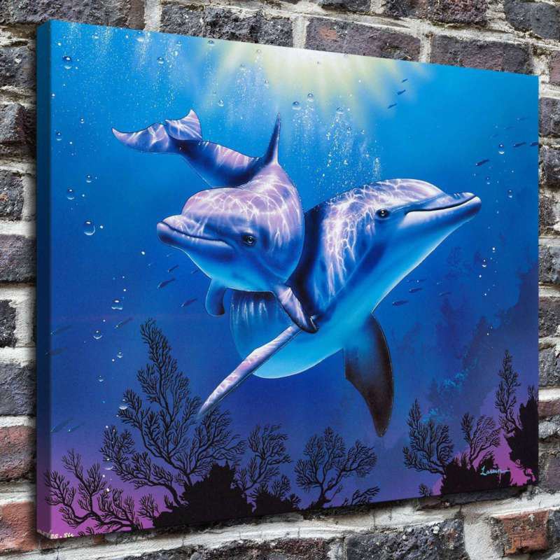 Dolphins in the ocean Paintings Wal Decor  20x16 inch FRAMED CANVAS PRINT
