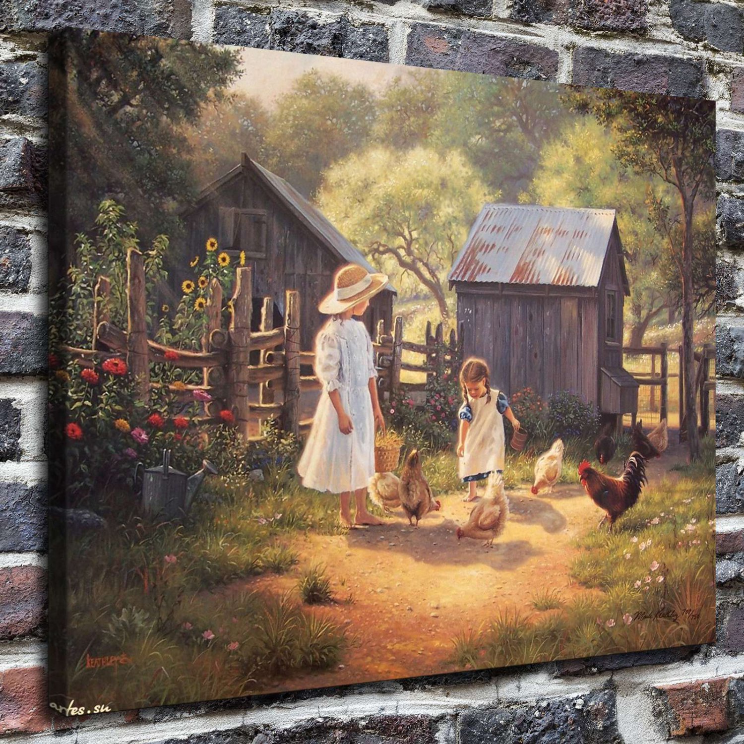 Babies fed chickens Decor  20x16 inch FRAMED CANVAS PRINT