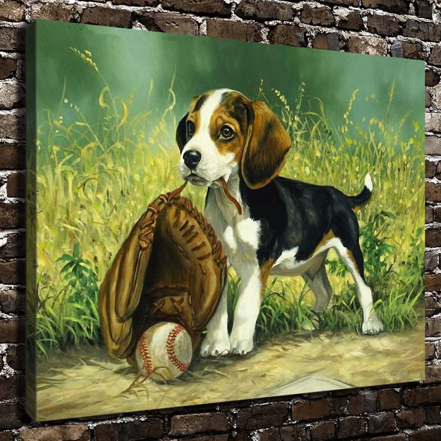 Baseball Dog Animal Paintings  20x16 inch FRAMED CANVAS PRINT