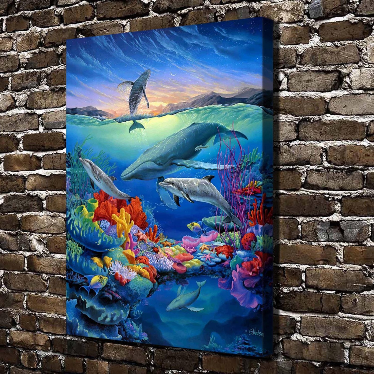 Sunset Reef Dolphins  20x16 inch FRAMED CANVAS PRINT