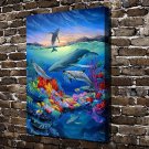 Sunset Reef Dolphins  20x16 inch FRAMED CANVAS PRINT