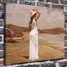 A girlthe beach car  20x16 inch FRAMED CANVAS PRINT