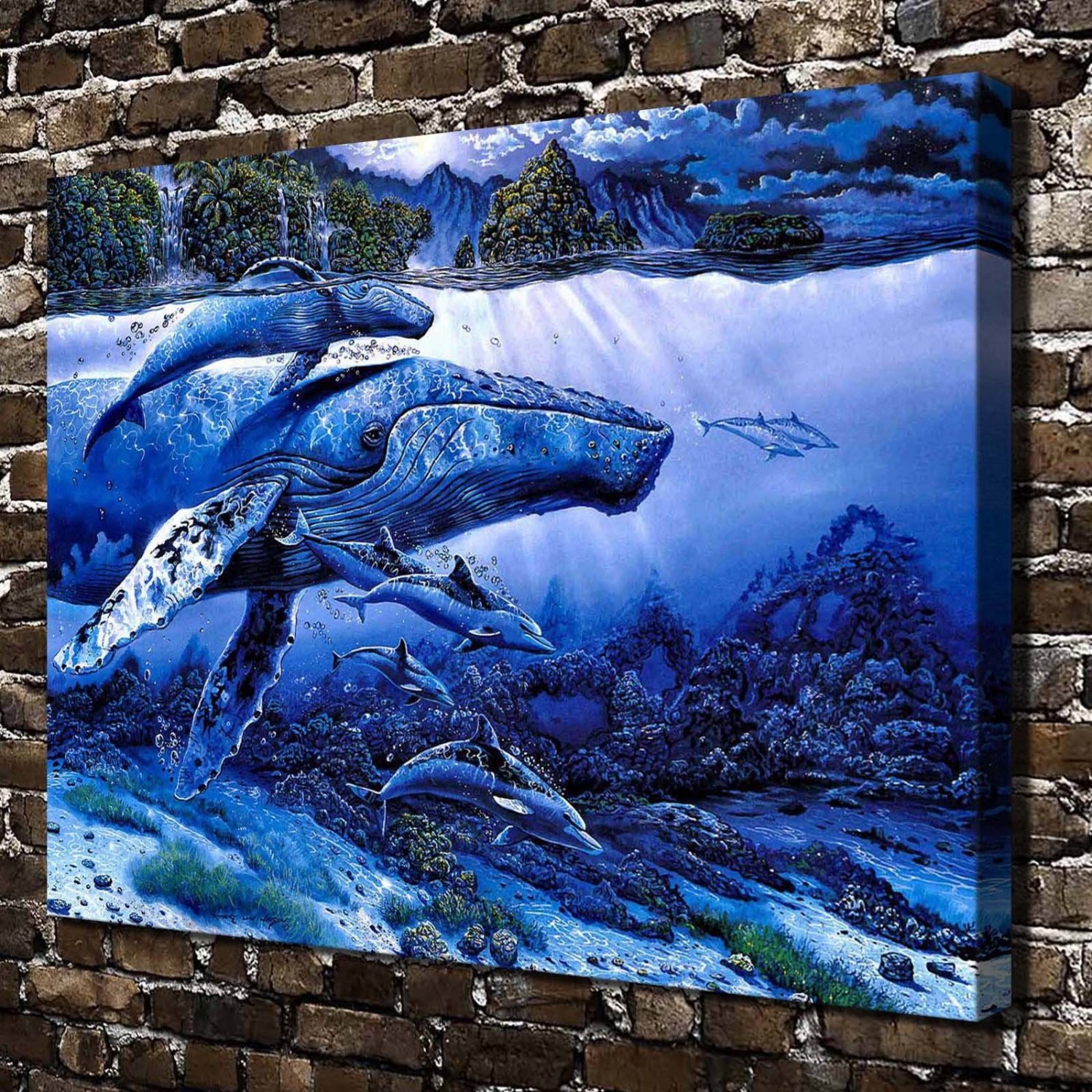 Moonlight Dolphins  20x16 inch FRAMED CANVAS PRINT
