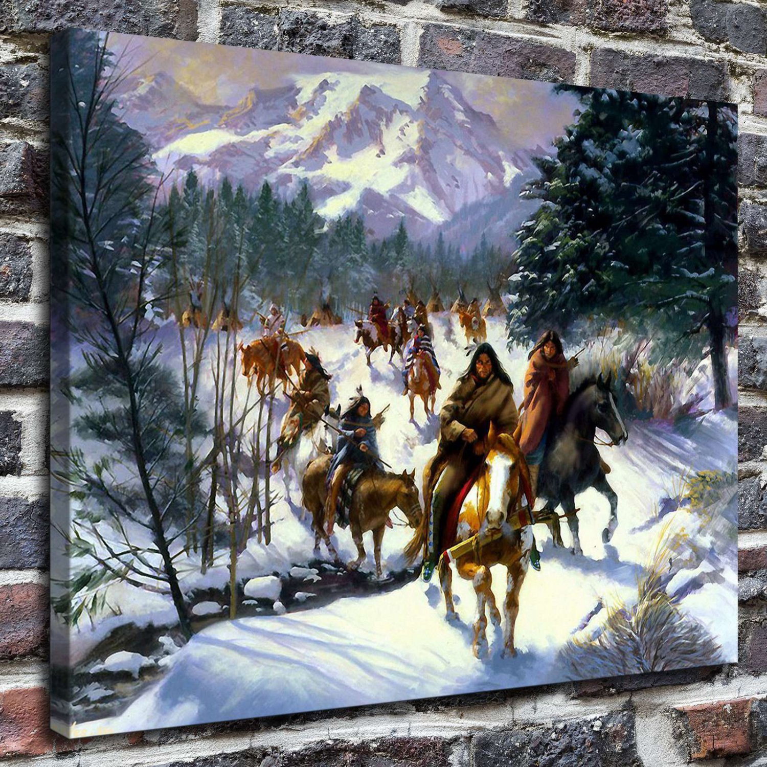Indians Crow winter  20x16 inch FRAMED CANVAS PRINT