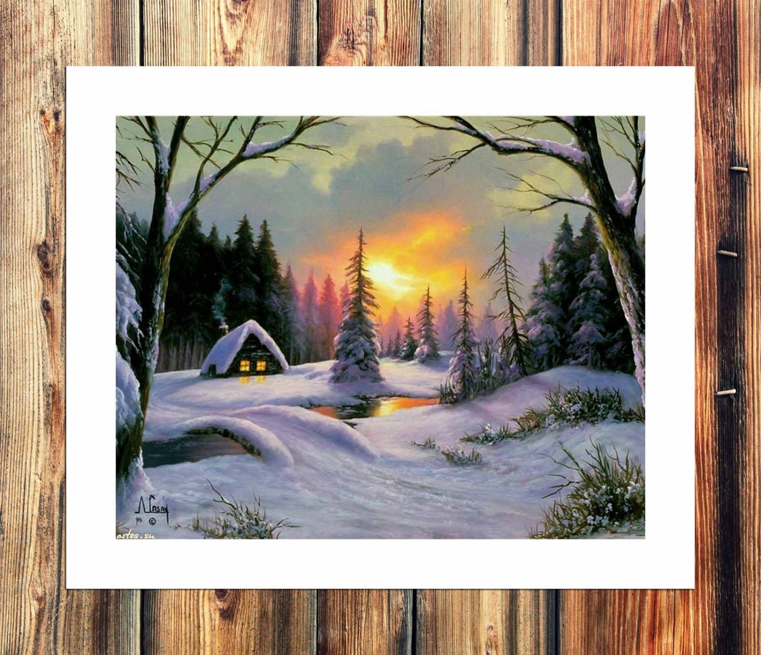 Winter evening, snow Paintings  20x16 inch FRAMED CANVAS PRINT