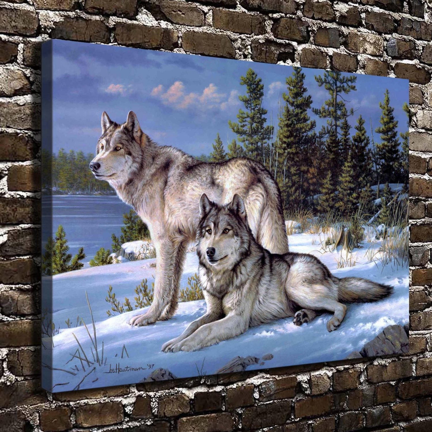 Watchful Pause Wolf Animal Painting  20x16 inch FRAMED CANVAS PRINT