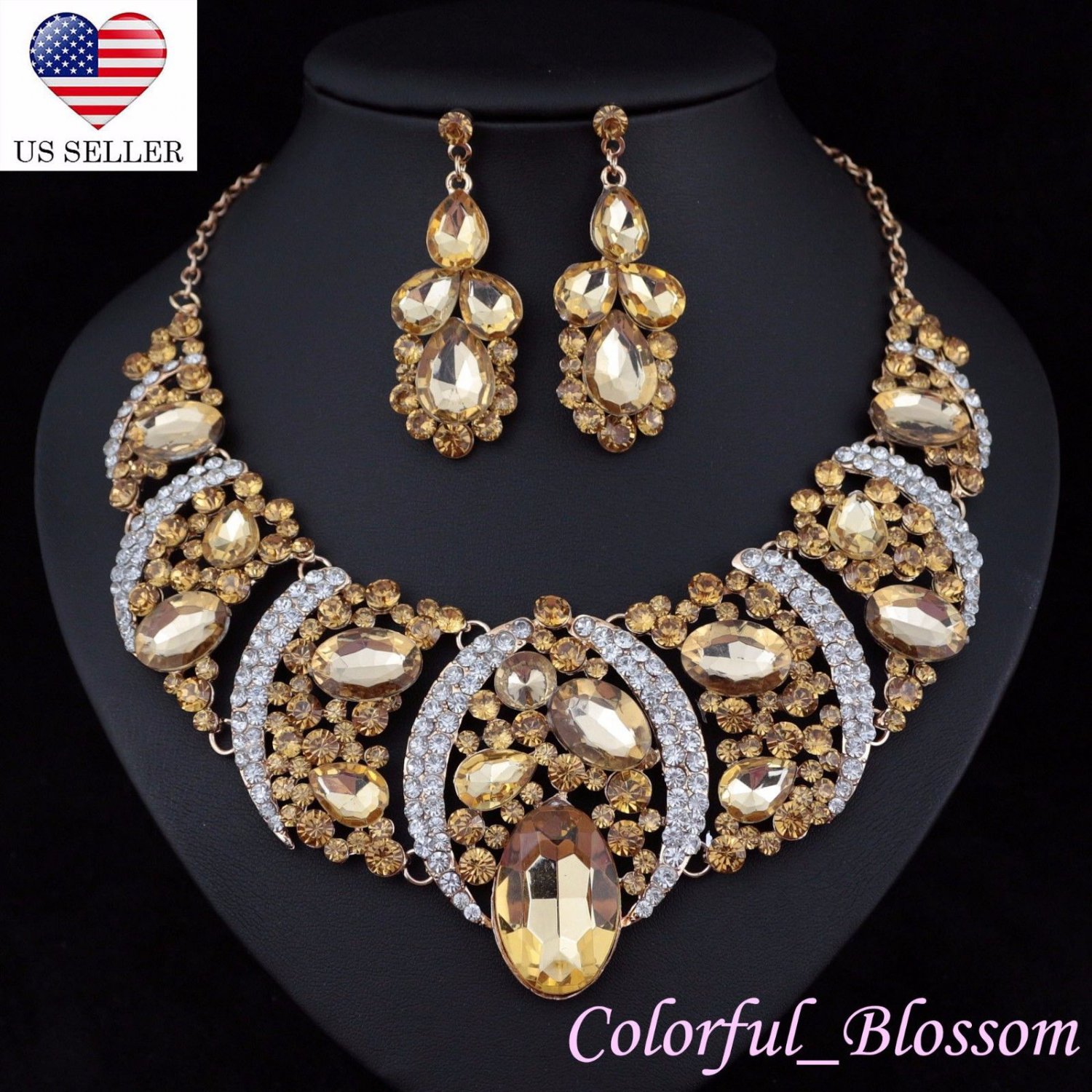 Sexy Austrian Rhinestone Crystal Bib Necklace Earrings Set Prom Wed Party N48g