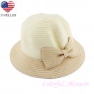 Girl's Beige Summer Wide Brim Floppy Beach Sun Visor Hat with Handmade Bowknot HK1