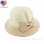 Girl's Beige Summer Wide Brim Floppy Beach Sun Visor Hat with Handmade Bowknot HK1
