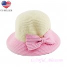 Girl's Pink Summer Wide Brim Floppy Beach Sun Visor Hat with Handmade Bowknot HK2