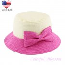 Girl's Hot Pink Summer Wide Brim Floppy Beach Sun Visor Hat with Handmade Bowknot HK3