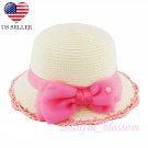 Kid's Girl's Pink Summer Wide Brim Floppy Beach Sun Visor Hat with Lace Bowknot HK4