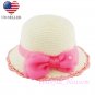 Kid's Girl's Pink Summer Wide Brim Floppy Beach Sun Visor Hat with Lace Bowknot HK4