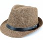 Men's Brown Flanging Black Belt & Buckle Sun Beach Summer Straw Cowboy Hat HA19