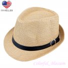 Men's Wheat Flanging Black Belt & Buckle Sun Beach Summer Straw Cowboy Hat HA18