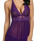 Unomatch Women Plunge Neck Short Lace Nightwear Lingerie Purple (UWL942)