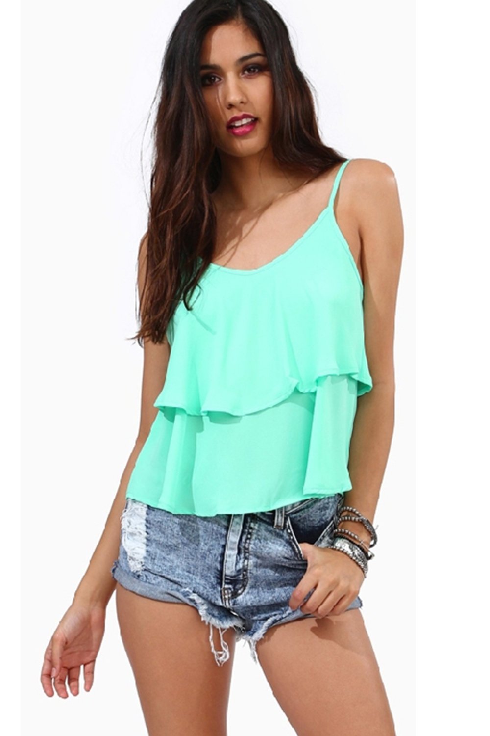 Unomatch Women Flouning Straps Tank Top Blouse Sea Green (UWSB753)