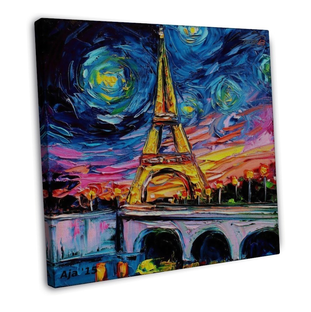 Starry Night Paris Eiffel Tower Landscape Art Es 16x12 FRAMED CANVAS Print