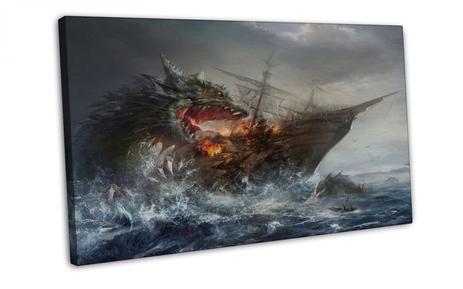 Battle Ship Attack By Sea Creature Image 16x12 Framed Canvas Print