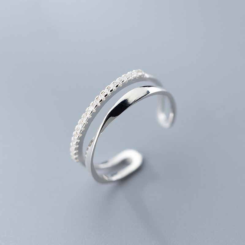 Simple Double Cubic Zirconia Twisted 925 Sterling Silver Adjustable Ring