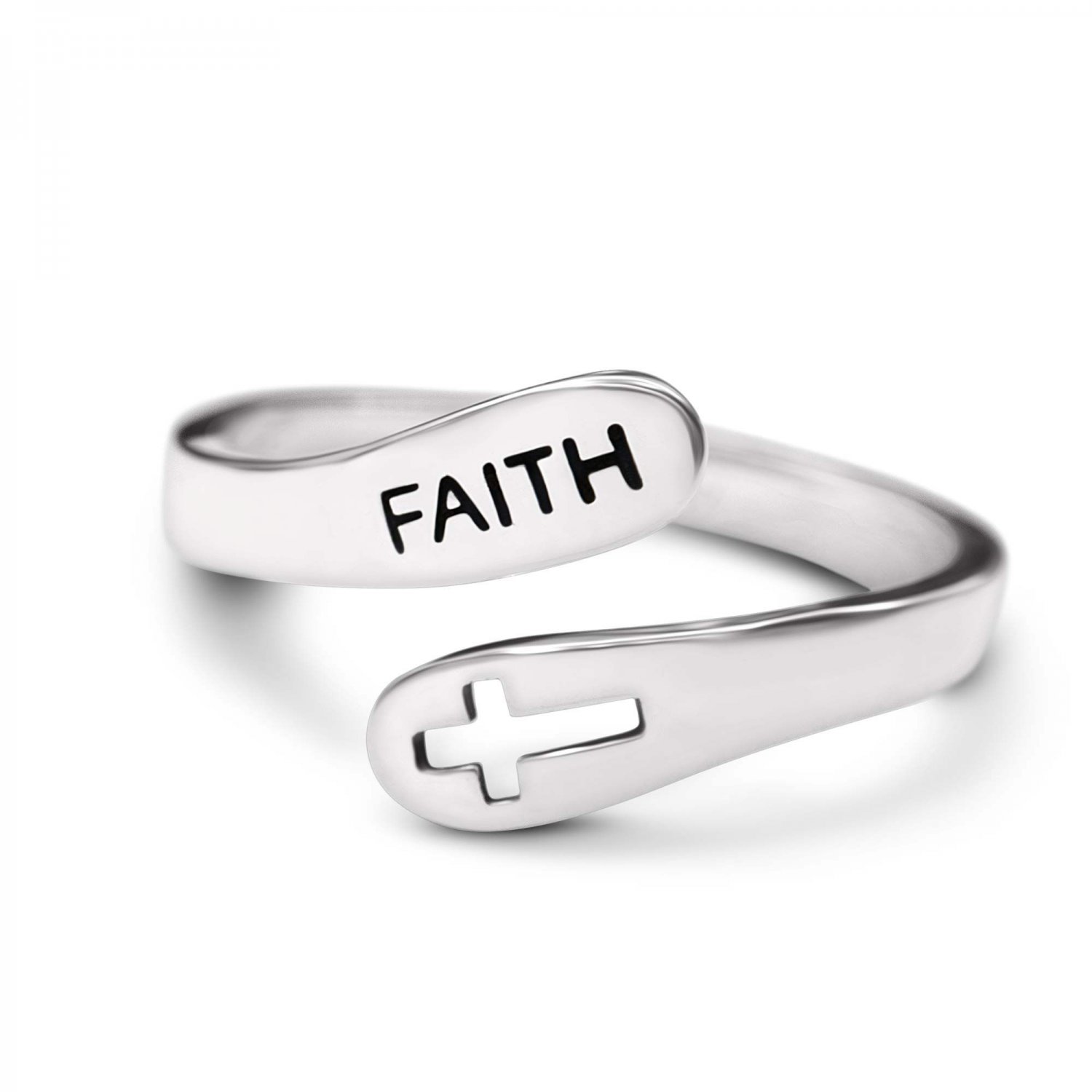 Cross FAITH Christian Bless Women 925 Sterling Silver Adjustable Ring