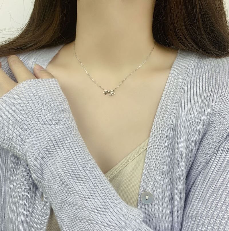 Girl Hollow Double Flowers CZ 925 Sterling Silver Necklace