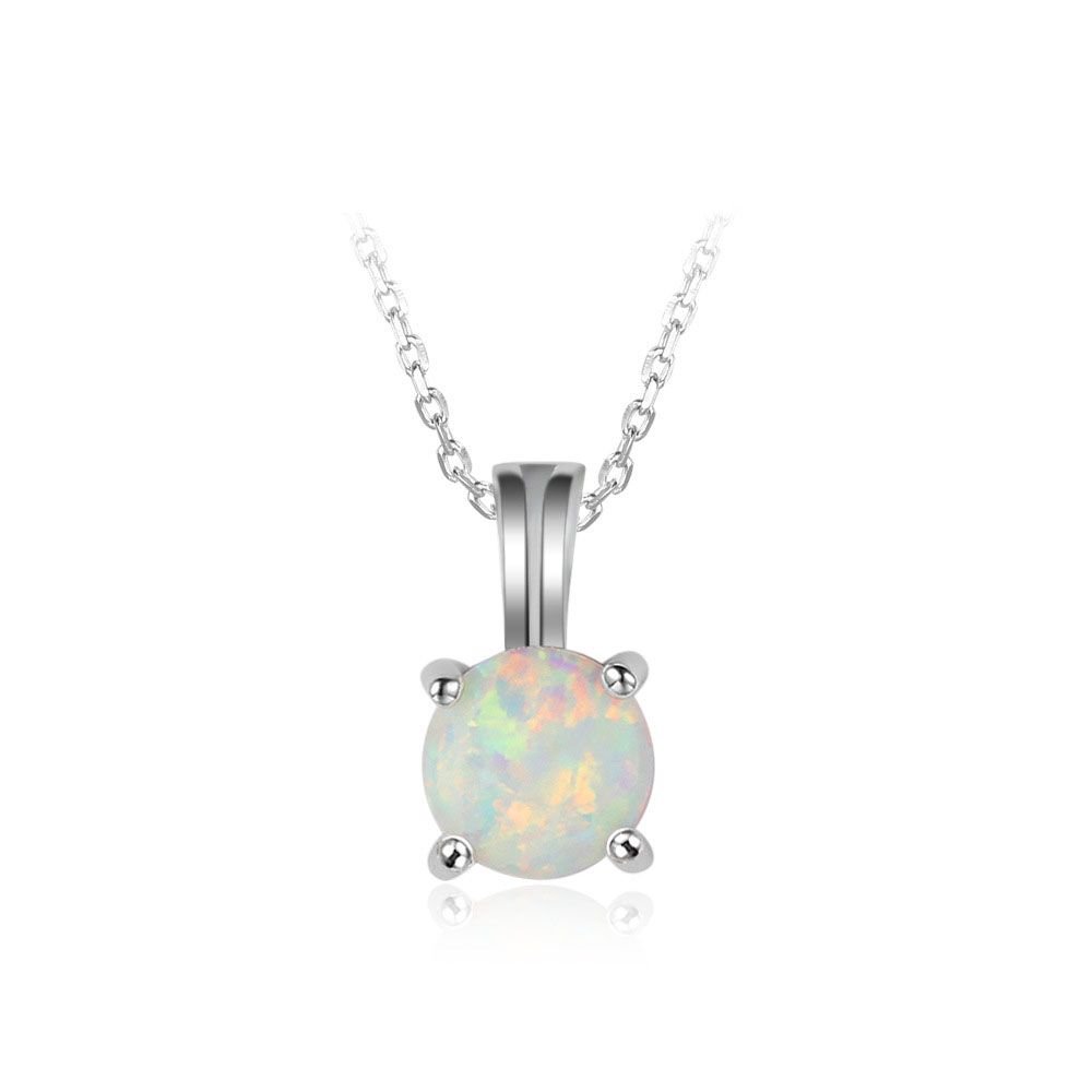 Round White Created Opal 925 Sterling Silver Necklace