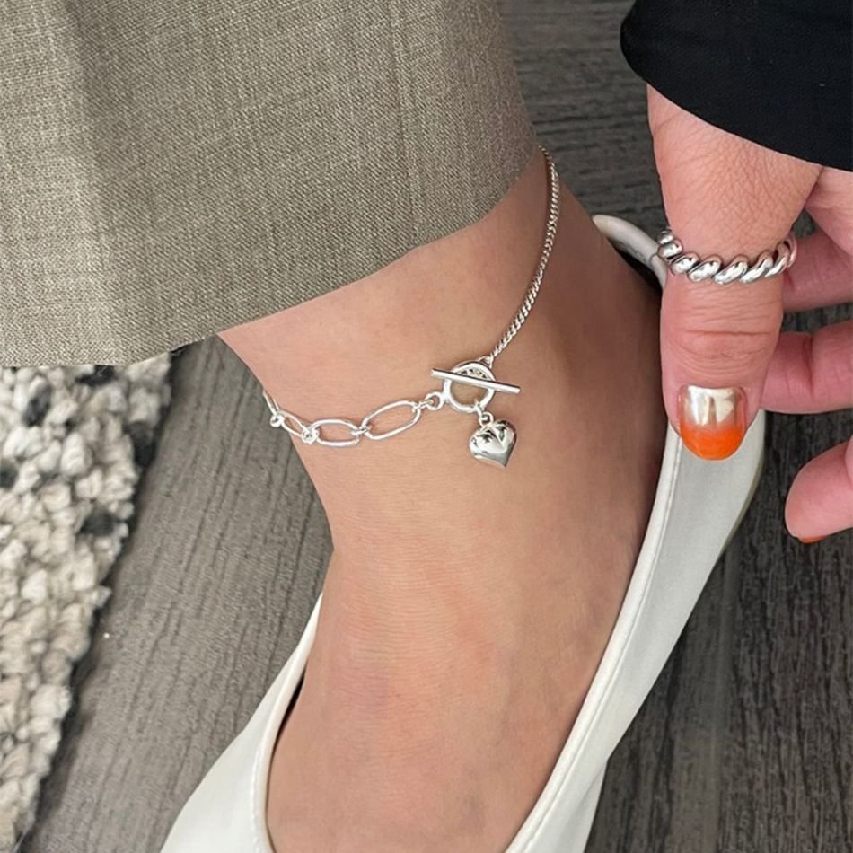 Casual Irregular Hollow Chain Heart 925 Sterling Silver Anklet