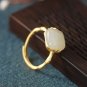 CZ Square Natural Agate/Nephrite Bamboo Slub Silver Adjustable Ring