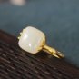 CZ Square Natural Agate/Nephrite Bamboo Slub Silver Adjustable Ring