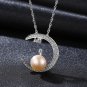 CZ Natural Pearl On Crescent Moon 925 Sterling Silver Necklace