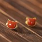 Cute Natural Agate/Nephrite Cat Head Animal Silver Stud Earrings