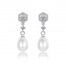 Elegant Natural Pearl Cubic Zirconia 925 Sterling Silver Dangling Earrings