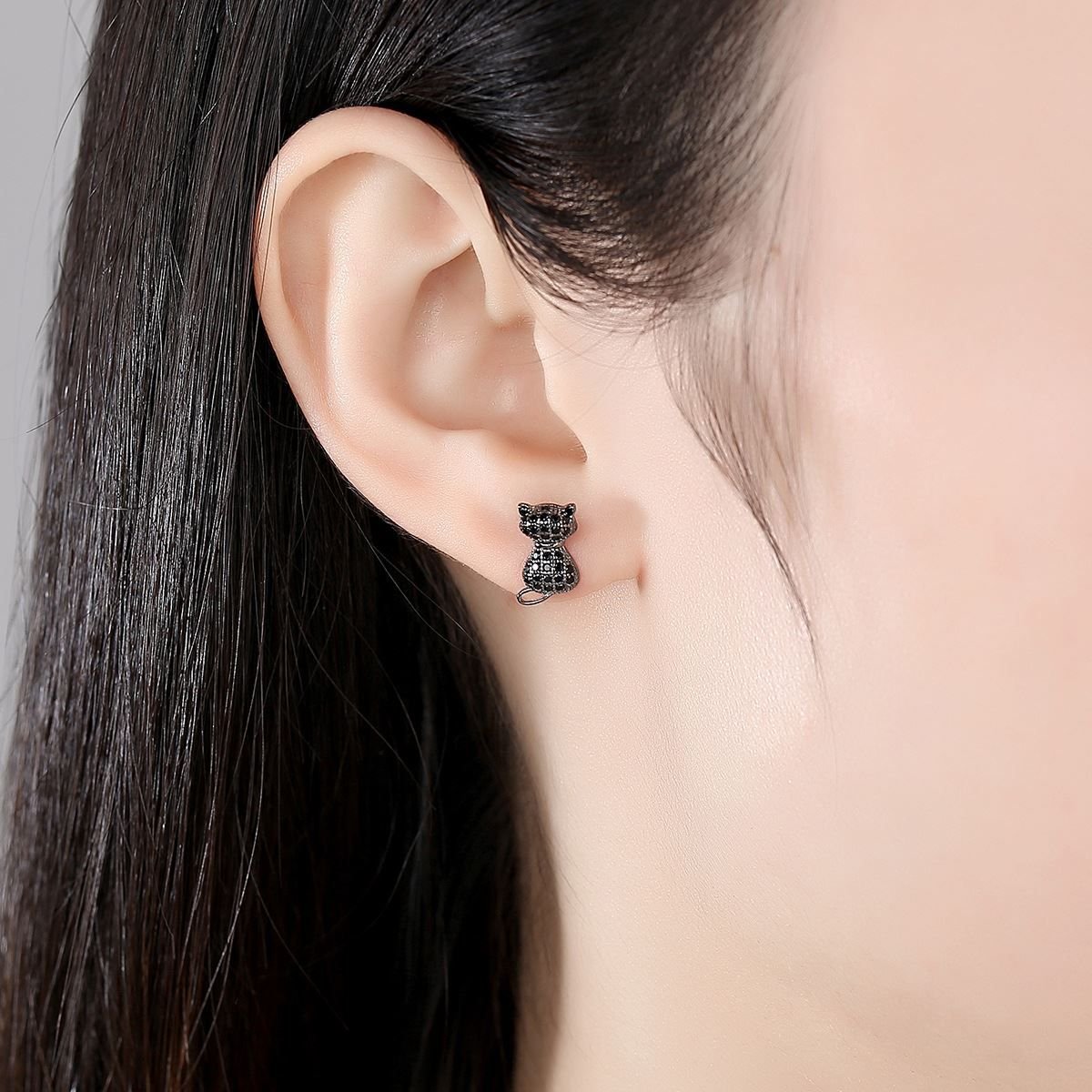 Cute Black CZ Cat Animal 925 Sterling Silver Stud Earrings