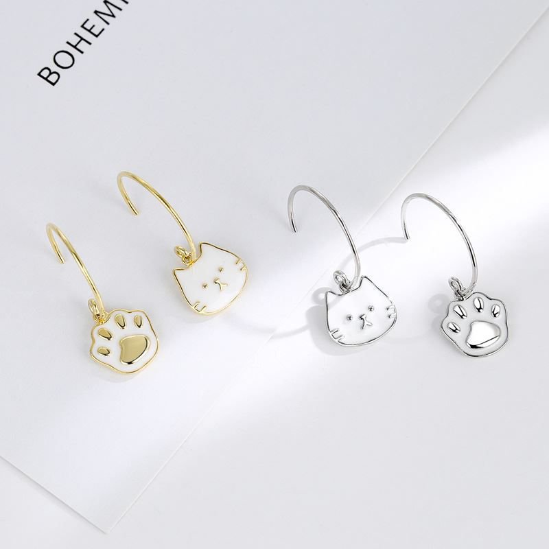Cute Cat Head Foot Animal 925 Sterling Silver Hoop Earrings