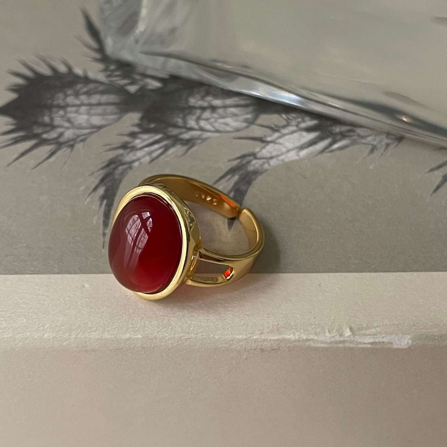 Elegant Red Oval Natural Agate 925 Sterling Silver Adjustable Ring