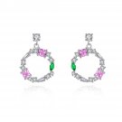 Pink Green CZ Cube CZ Circle 925 Sterling Silver Stud Earrings
