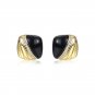 Office Black Natural Agate CZ Square Button 925 Sterling Silver Stud Earrings