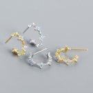 Girl CZ Four Leaf Clover Flower C Shape 925 Sterling Silver Hoop Earrings