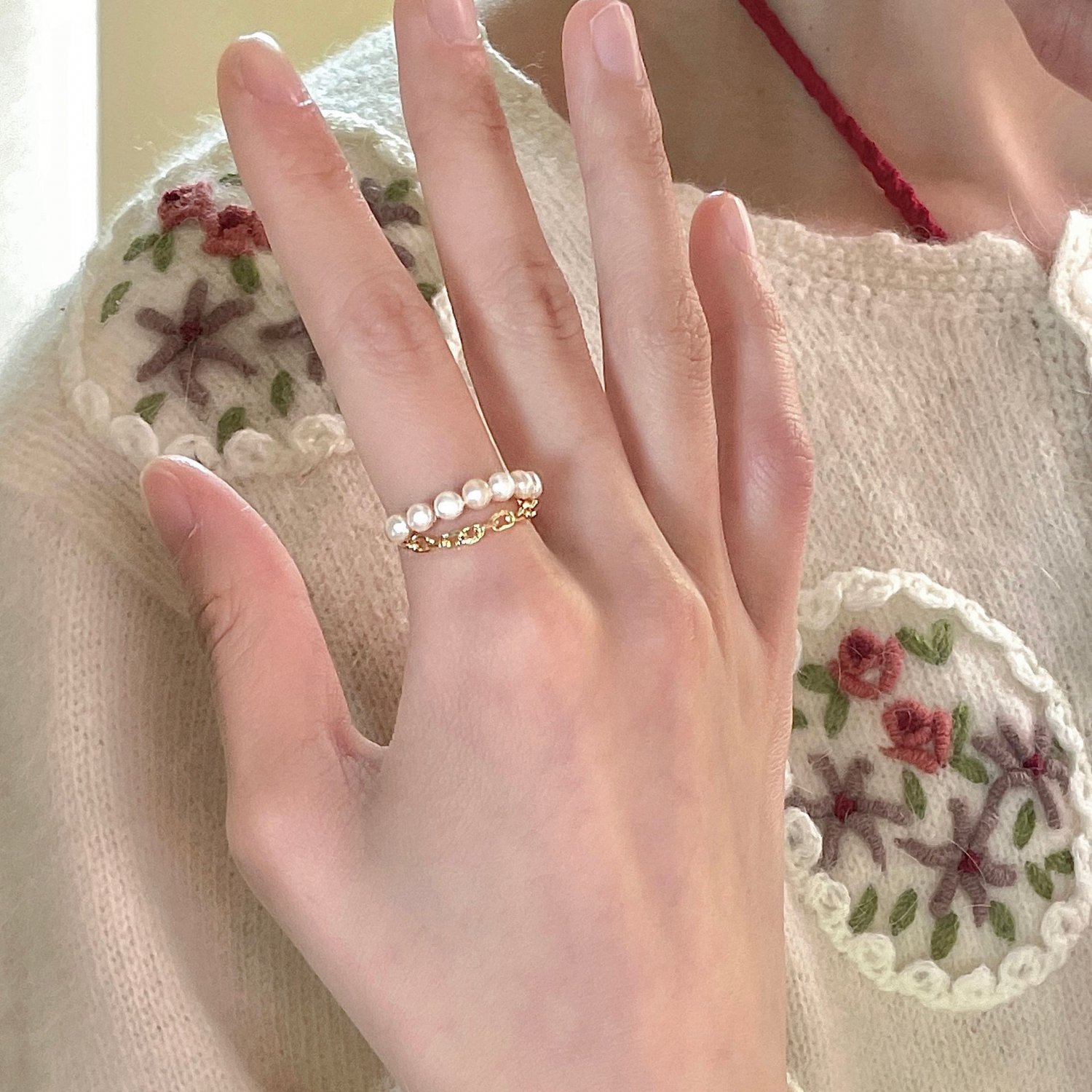 Shell Pearls Curb Chain CZ Flowers Bamboo Silver Adjustable Ring