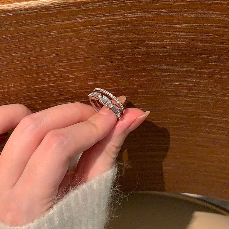 CZ Geometry Double Layers 925 Sterling Silver Adjustable Ring