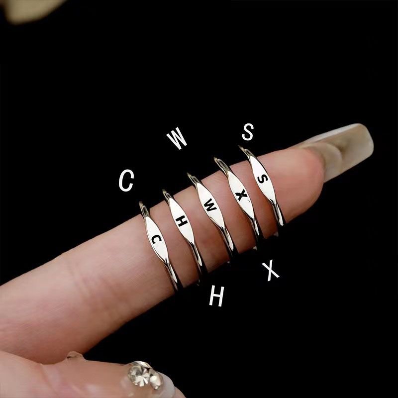 Simple 26 Letters A-Z 925 Sterling Silver Adjustable Ring