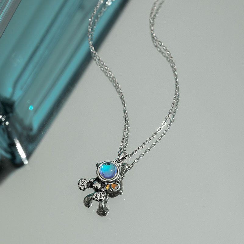 Gift Created Moonstone Astronau 925 Sterling Silver Necklace